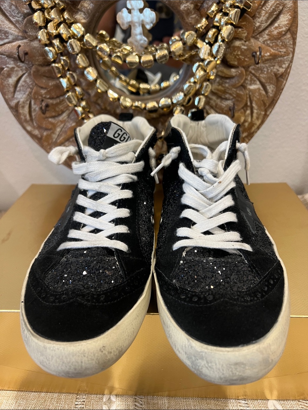 Golden Goose Black Glitter Suede Low-Top Sneakers with White Laces